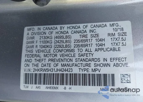 2018 Honda Cr-V Lx из США, поврежденный, VIN 2HKRW5H31JH424423